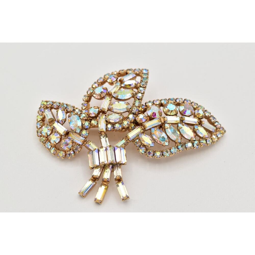 Vintage Crystal Leaf Pin Brooch Aurora Borealis Rhinestone Baguette Gold BinAL - Picture 4 of 12